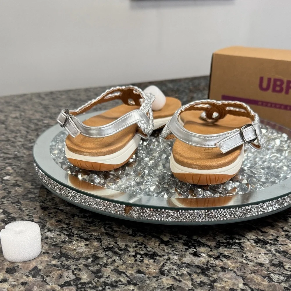 UBFEN metallic silver and Tan Braided Sandals NEW 10